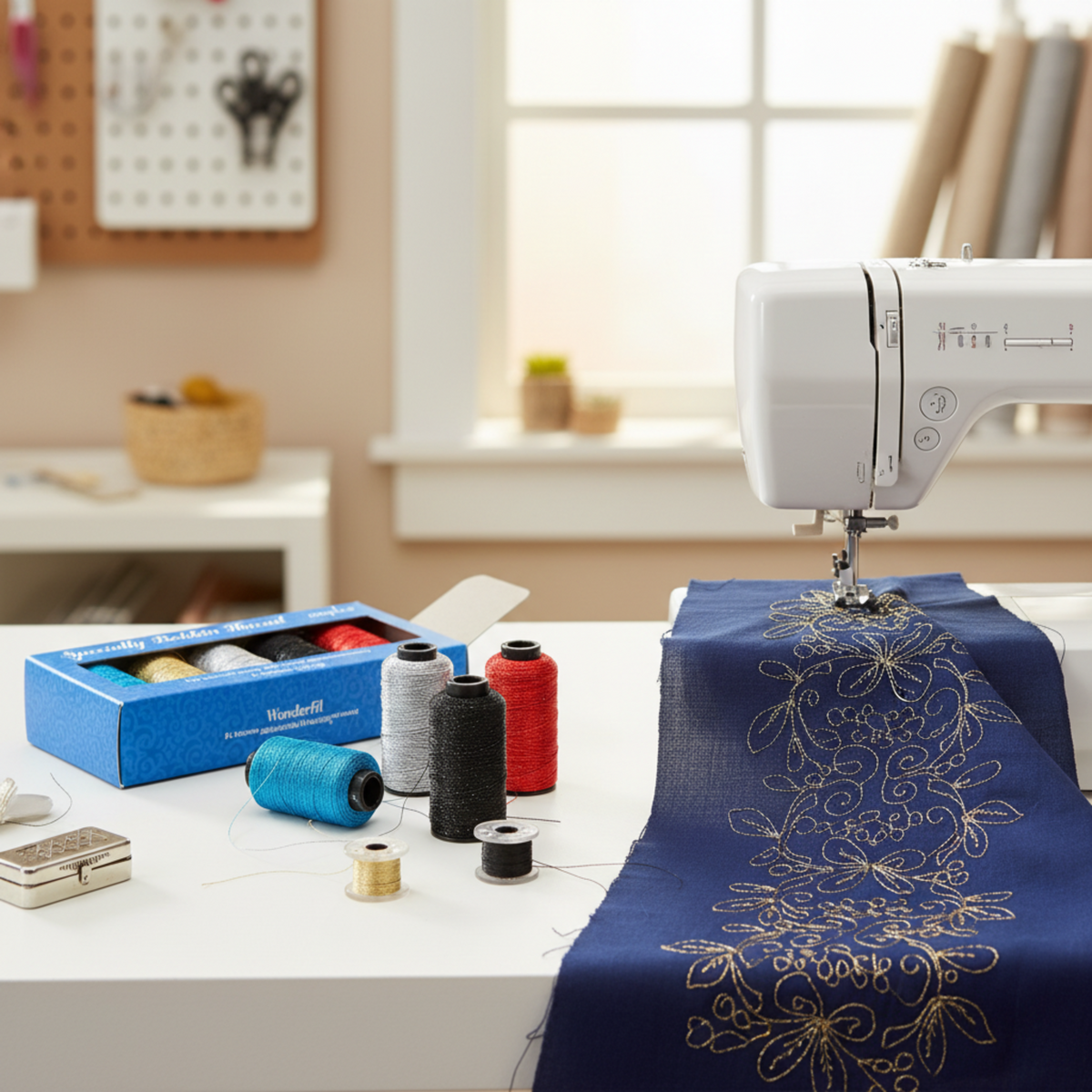 WonderFil Inspira Specialty Bobbin Thread blue box and metallic spools in turquoise, silver, black, and red on a white sewing table beside a sewing machine stitching a gold and silver metallic floral design onto navy blue fabric, with bobbins and a needle case nearby in a bright studio