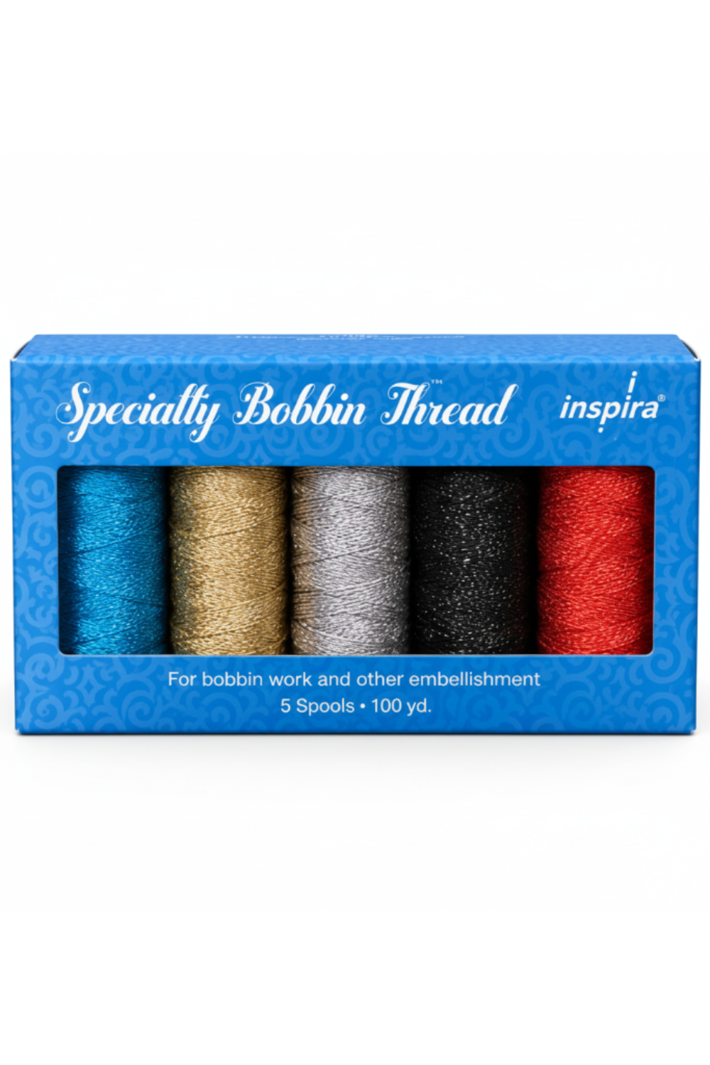 Specialty Bobbin Thread set — 5 metallic spools in turquoise blue, gold, silver, black, and red for bold bobbin work and embellishment — 100 yards each, perfect for quilting, decorative stitching, and creative sewing projects