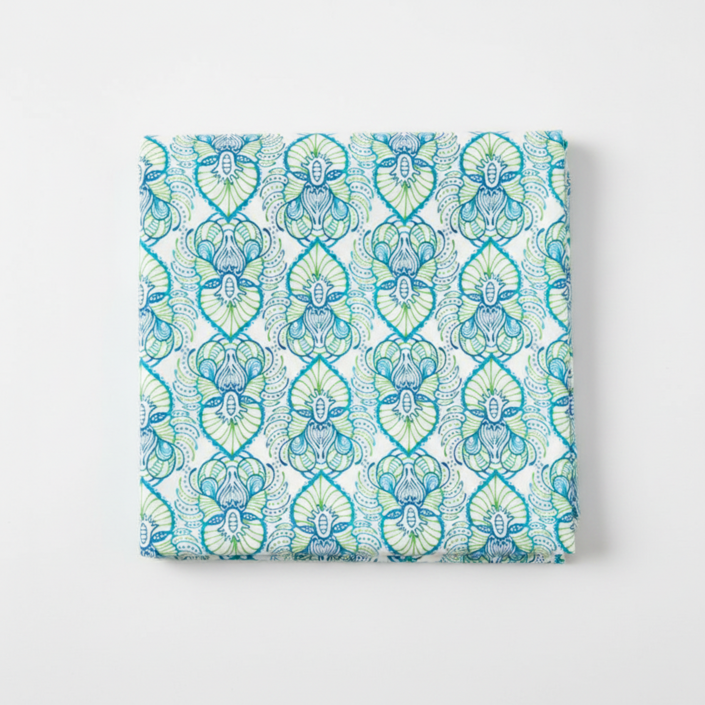Wonders Of The Ocean Abstract quilting cotton fabric folded to show allover ogee trellis lattice with ornate Art Nouveau botanical medallions featuring feathery fronds, scrolling tendrils, and dotted borders in turquoise, cobalt blue, and chartreuse green on crisp white by Jason Yenter for In The Beginning Fabrics, 100% cotton, 3 yard cut