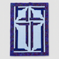 The Wondrous Cross handmade wall quilt with a purple cross, blue accents, a light patterned background, and a wide purple batik border against light grey.