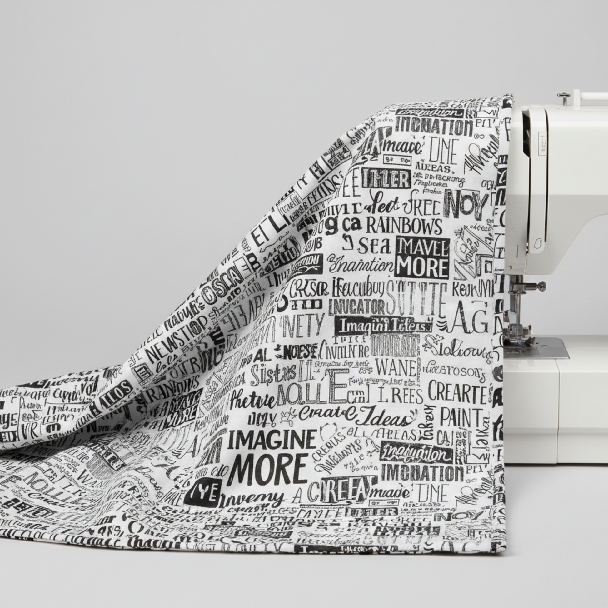 Writing on the Wall Word Collage White fabric draped over white sewing machine edge — black and white word collage quilting cotton by FreeSpirit Fabrics