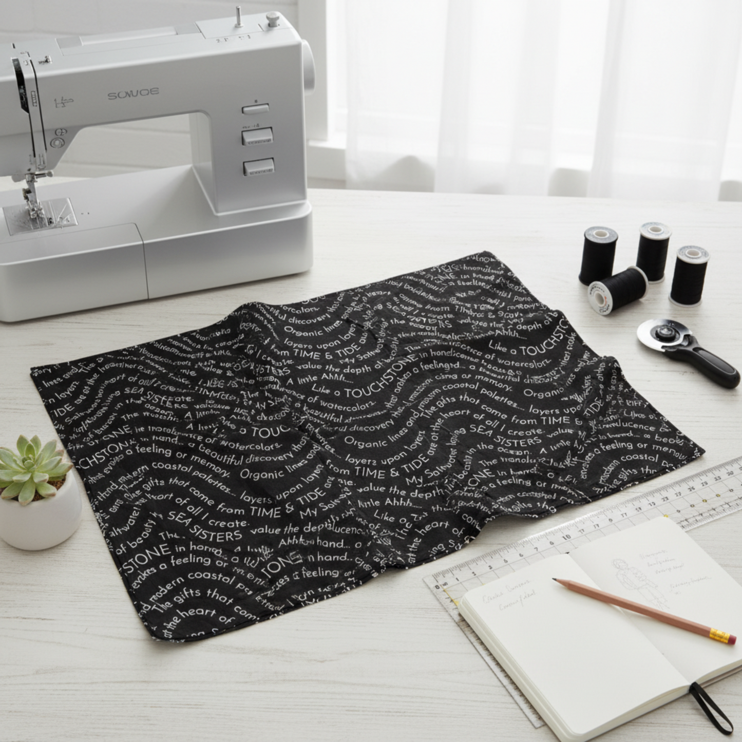 Writing on the Wall Script Black quilting cotton by FreeSpirit Fabrics -- styled modern sewing studio flat lay on white oak desk with bold black script fabric alongside sleek silver sewing machine, succulent, black thread spools, rotary cutter, acrylic ruler, and open notebook