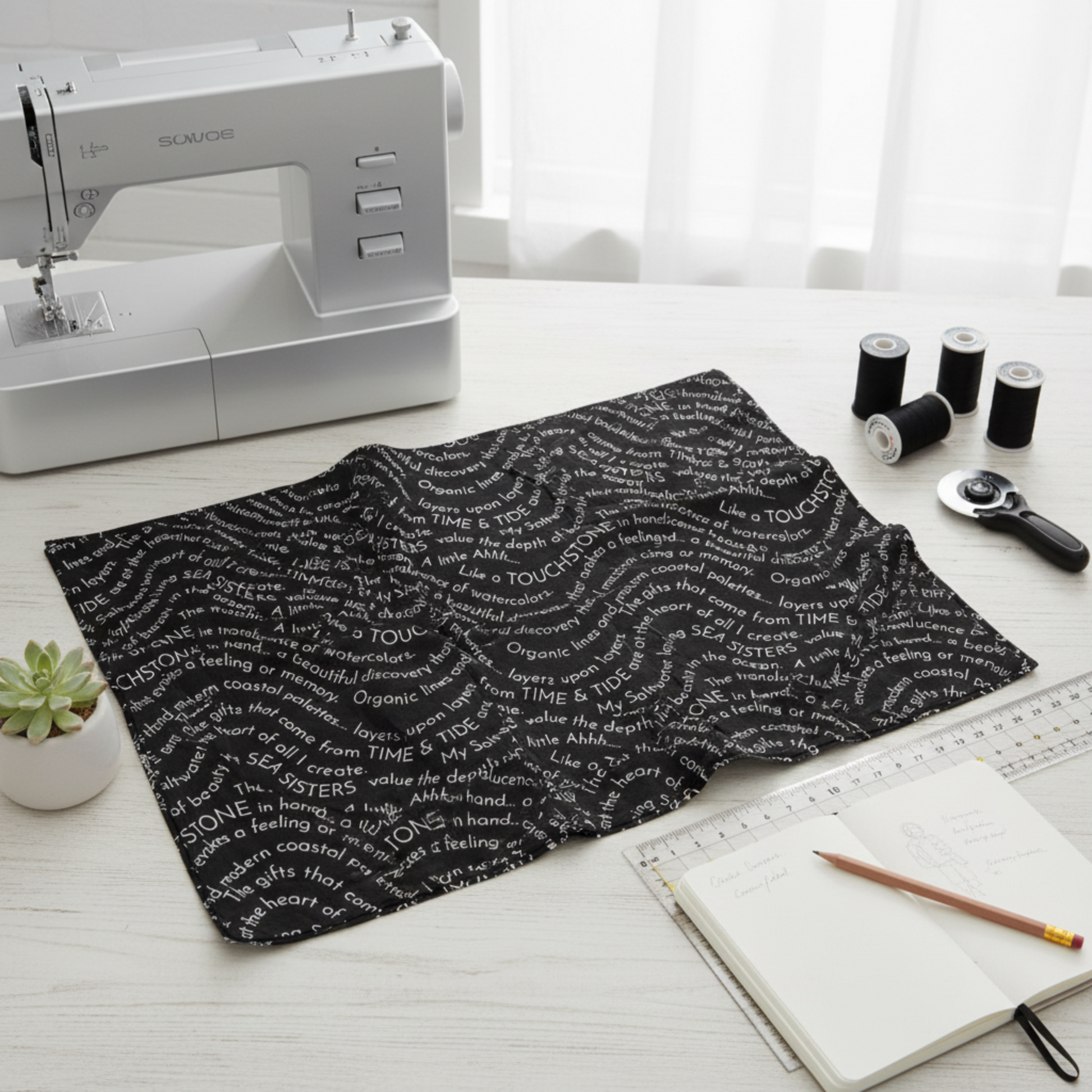 Writing on the Wall Script Black quilting cotton by FreeSpirit Fabrics -- styled modern sewing studio flat lay on white oak desk with bold black script fabric alongside sleek silver sewing machine, succulent, black thread spools, rotary cutter, acrylic ruler, and open notebook