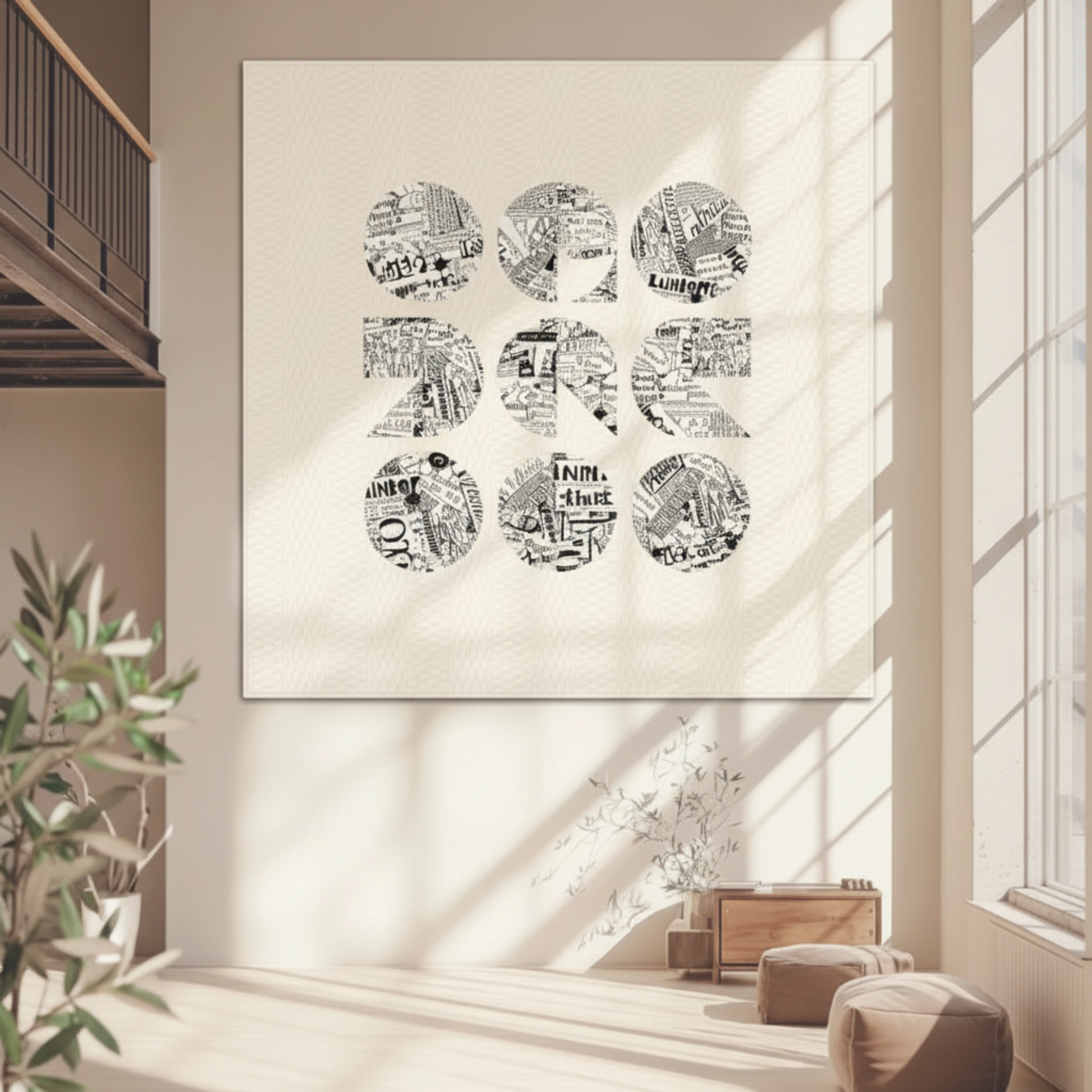 Writing on the Wall Word Collage White quilting cotton by FreeSpirit Fabrics — featured in a modern Spotlight quilt by Zen Chic, a 3×3 grid of large geometric circle blocks in bold black and white word collage print on a white background, displayed as a wall hanging in a minimal contemporary living room