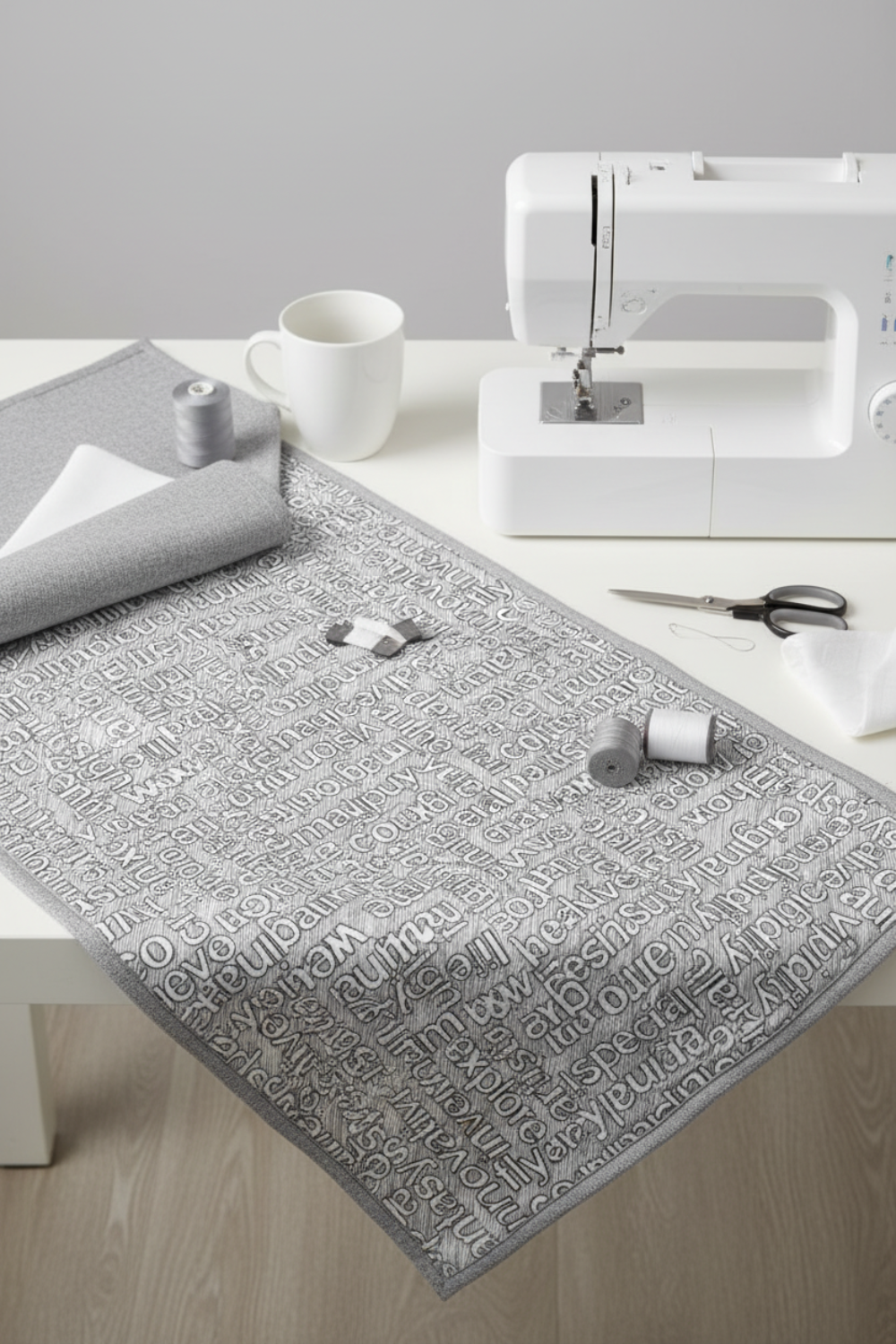 Writing on the Wall Well Worded White quilting cotton by FreeSpirit Fabrics -- styled modern sewing room flat lay in bright minimal aesthetic with grey and white word collage fabric, modern sewing machine, thread spools, scissors, and coordinating grey and white swatches