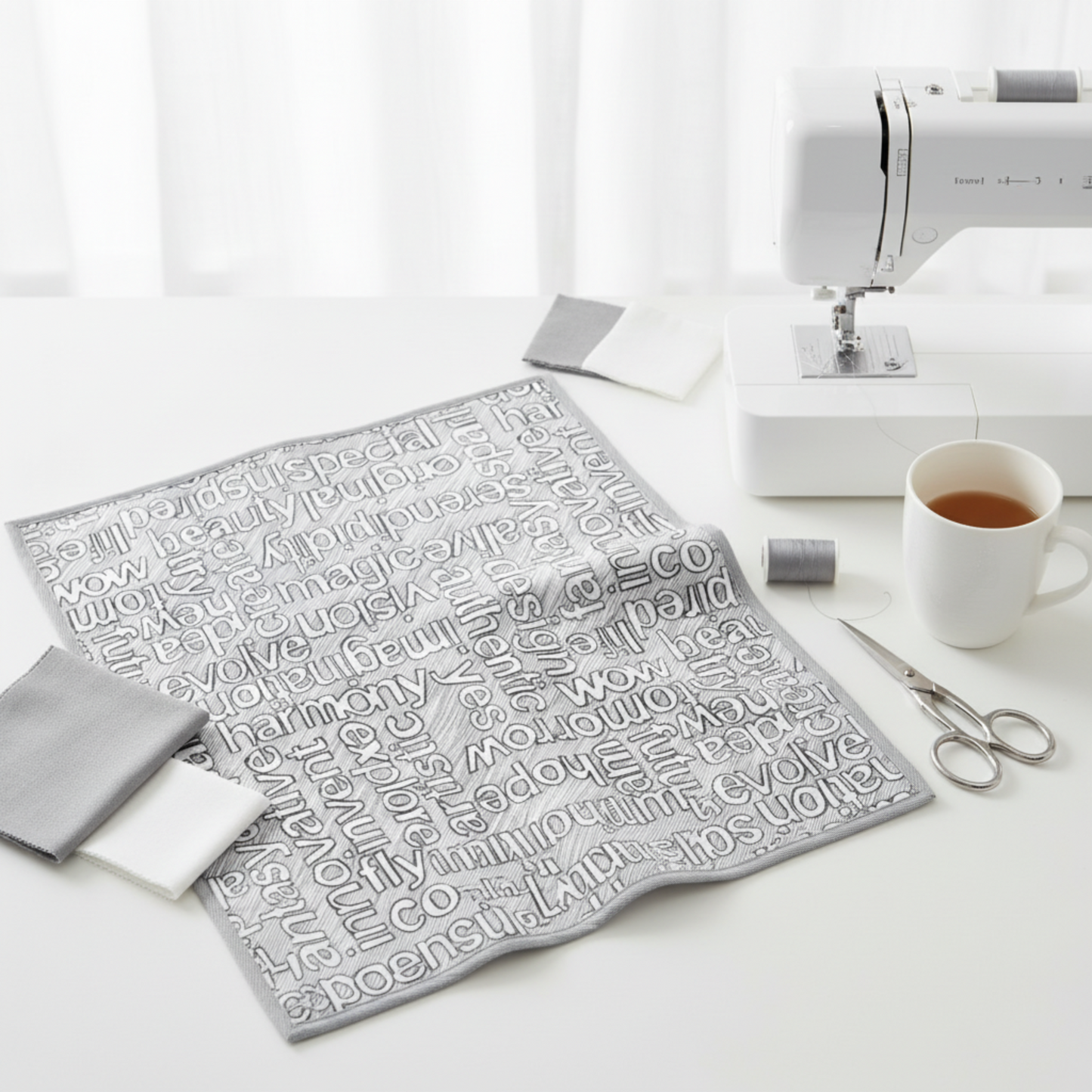 Writing on the Wall Well Worded White quilting cotton by FreeSpirit Fabrics -- styled modern sewing room flat lay with grey and white word collage fabric alongside sleek sewing machine, grey and white thread spools, scissors, and coordinating grey and white fabric swatches
