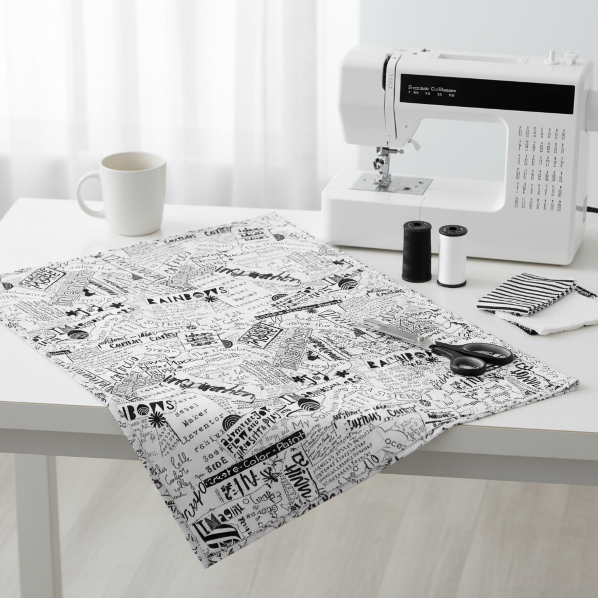 Writing on the Wall Word Collage White quilting cotton by FreeSpirit Fabrics — styled modern sewing room flat lay with bold black and white word collage fabric alongside sleek sewing machine, black and white thread spools, scissors, and coordinating black and white fabric swatches