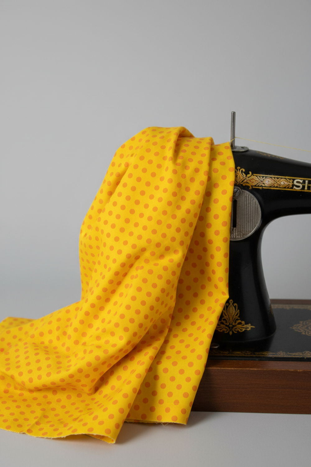 Yellow quilting cotton with orange polka dots draped over a vintage black Singer sewing machine on light grey background — IraRobi Quilts