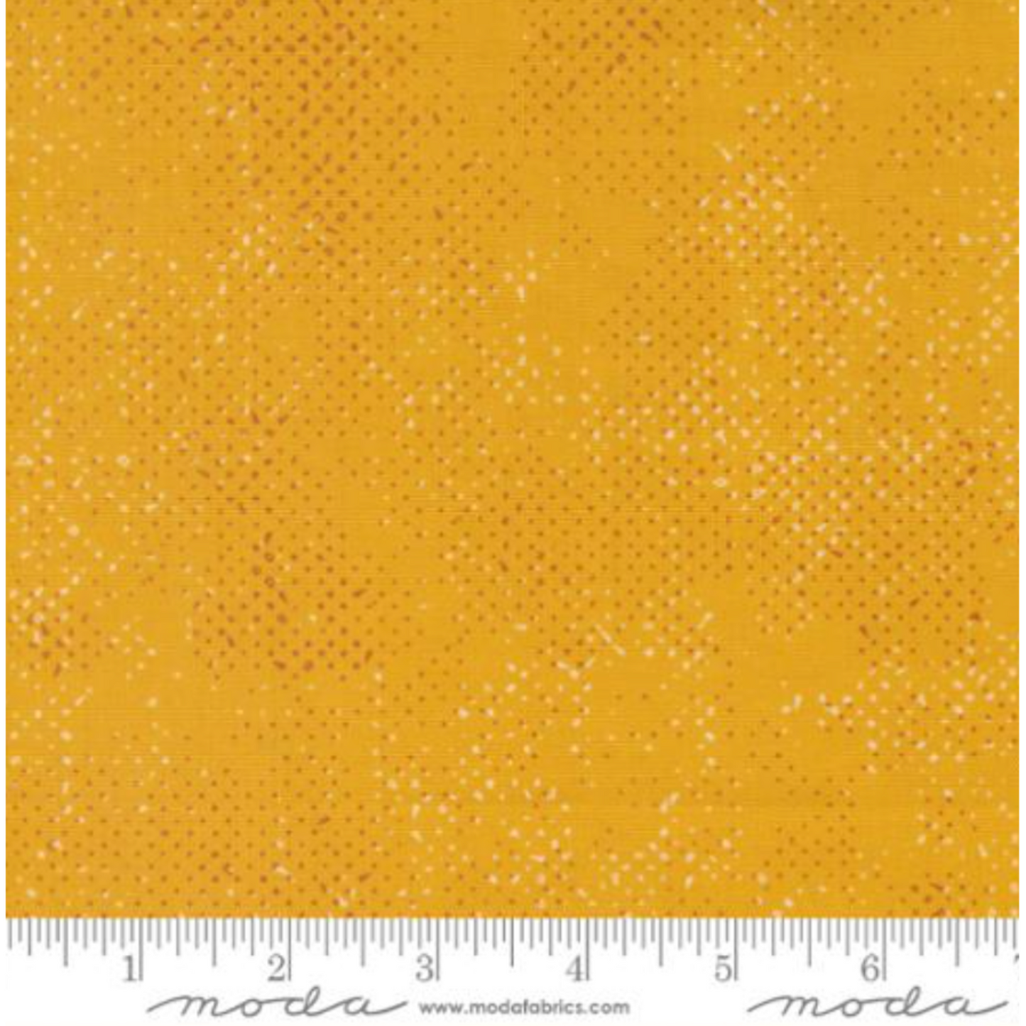 Spotted Sunny golden amber-yellow quilting cotton fabric swatch with Moda ruler – tonal scattered dot blender by Zen Chic for Moda Fabrics, 44–45" wide, 100% cotton
